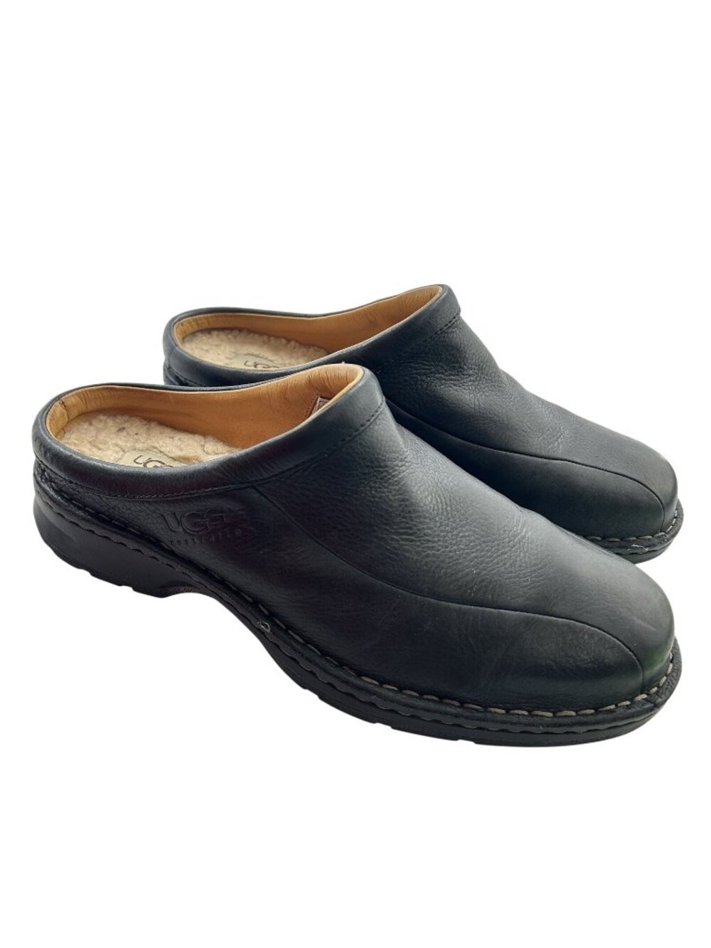 UGG Australia Men’s Size 12 Black Leather Clogs Mule Slip-On Shearling Lined